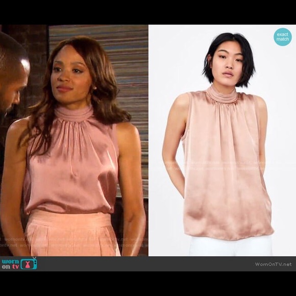 Zara Dusty Rose Pink Satin High Neck Blouse - Picture 9 of 9